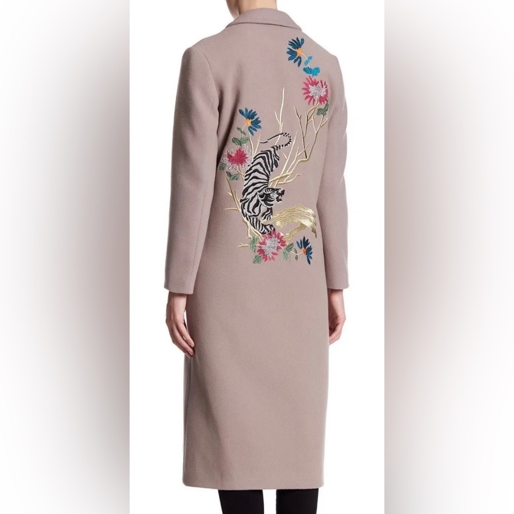 Topshop Tokyo Embroidered Long Wool Coat Woman Mauve
